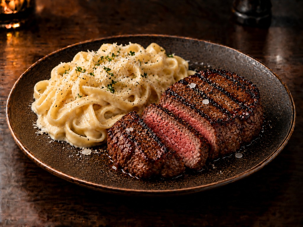 Lomo fino (300 g) con pasta