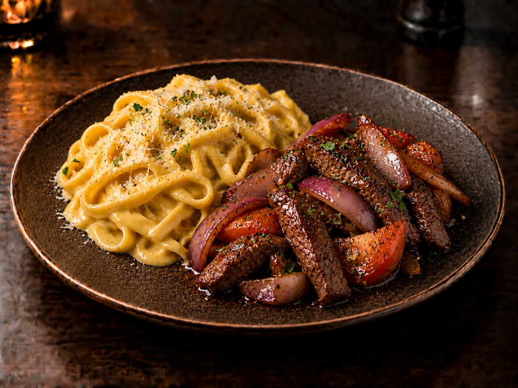 Lomo saltado (lomo fino) con pasta